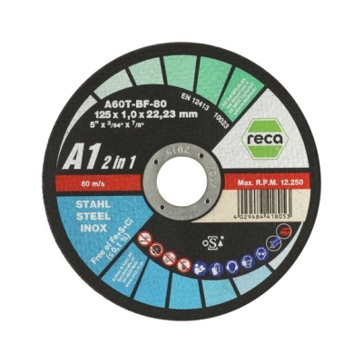 Disco de corte metálico Reca A1 2 in 1 125x1,0x22,23 mm com informações técnicas e código de barras