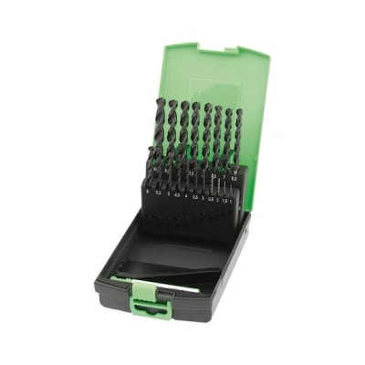 Conjunto de brocas pretas com caixa de plástico verde