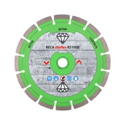 Disco de corte circular RECA diaflex RS10UB verde e cinza com texto BETON e CONCRETE