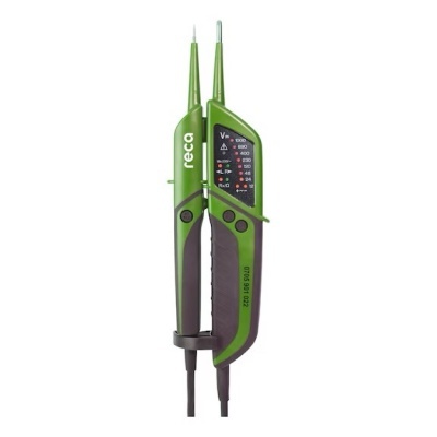 Multímetro digital verde e preto com dois ponteiros e painel de voltagem