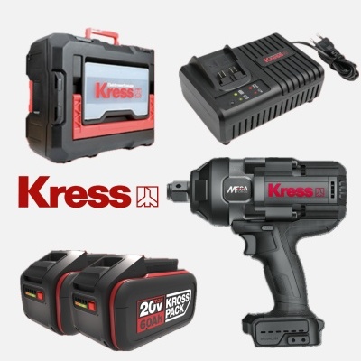 Conjunto de ferramentas Kress com mala, pistola de impacto, duas baterias e carregador.