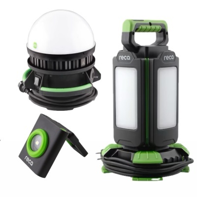 Conjunto de lanternas portáteis pretas e verdes com texto 'reca'