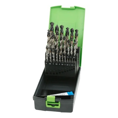 Conjunto de brocas para furadeira em caixa plástica preta com tampa verde
