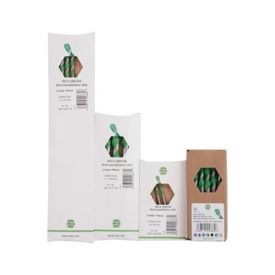 Quatro caixas de papel reciclado com etiquetas brancas e logotipo verde RECA UNICON