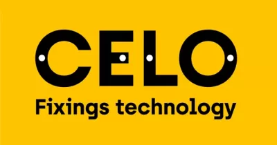 Logotipo CELO com fundo amarelo e texto Fixings technology