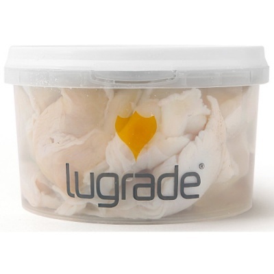 Frasco transparente com tampa branca contendo produto alimentar com a marca lugrade