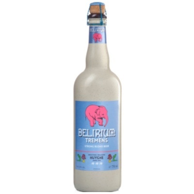 Garrafa cerâmica de cerveja Delirium Tremens com rótulo azul e elefante cor-de-rosa