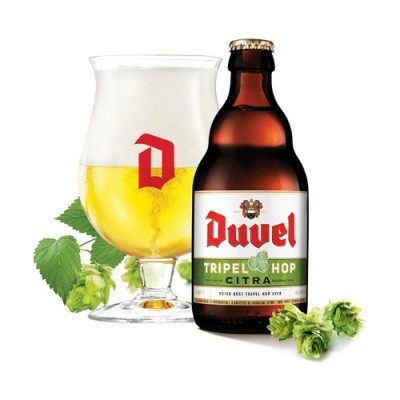 Cerveja Duvel Tripel Hop Citra em garrafa e copo com lúpulo verde