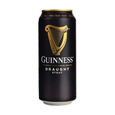 Lata preta de cerveja Guinness Draught Stout com logotipo dourado e texto branco