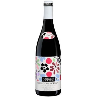 Garrafa de vinho tinto Georges Duboeuf Beaujolais Nouveau 2019 com rótulo colorido e tampa branca