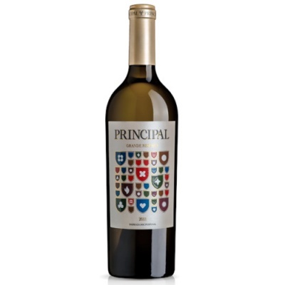 Garrafa de vinho tinto PRÍNCIPAL 2011 com rótulo branco e escudos coloridos