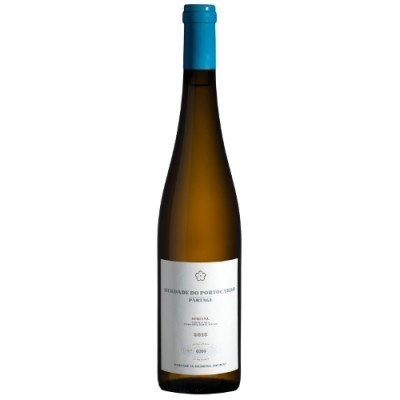 Garrafa de vinho branco com rolha azul e rótulo branco com texto