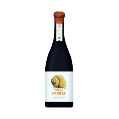 Garrafa de vinho tinto com rótulo branco e imagem de caracol amarelo