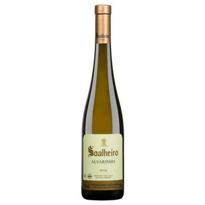Garrafa de vinho branco Soalheiro Alvarinho 2019 com rótulo creme e tampa dourada