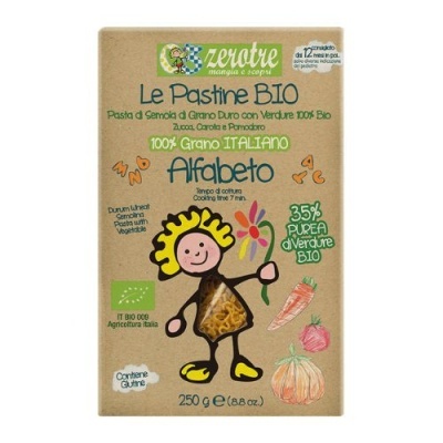 Caixa de massa Le Pastine BIO Alfabeto com design infantil e texto em italiano e português.
