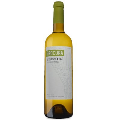 Garrafa de vinho branco PROCURA VINHAS VELHAS com rótulo branco e verde