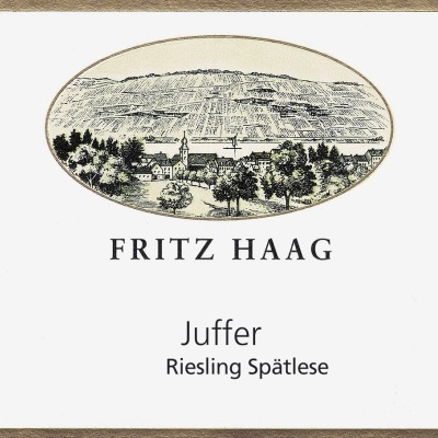 Etiqueta de vinho FRITZ HAAG com ilustração de paisagem rural e texto Juffer Riesling Spätlese