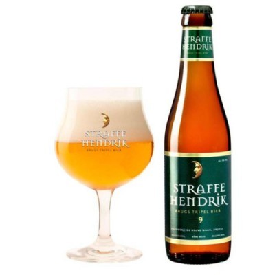 Garrafa e copo de cerveja STRAFFE HENDRIK com rótulo verde