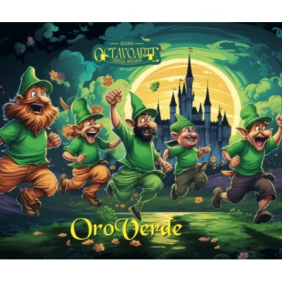 Ilustração de anões verdes correndo com castelo e lua ao fundo