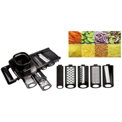 Ralador fatiador manual preto com cinco lâminas intercambiáveis para legumes