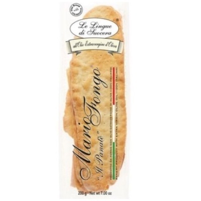 Bolachas tipo 'Lingue di Suocera' embaladas, 200g, com texto em italiano e design clássico.