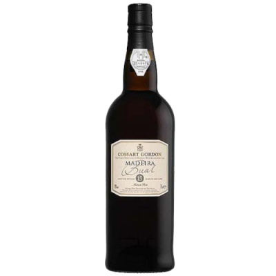Garrafa de vinho do Porto Madeira Dual 15 anos em vidro castanho escuro com rótulo branco e tampa preta