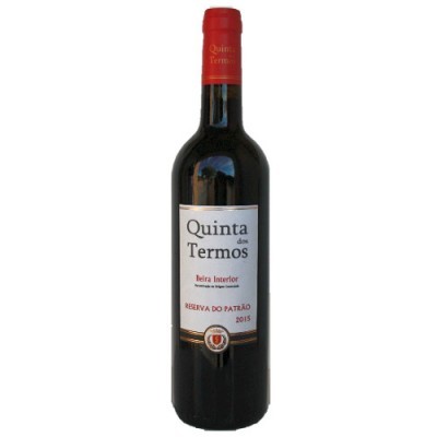 Garrafa de vinho tinto Quinta dos Termos com rótulo branco e tampa vermelha