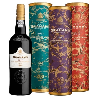 Garrafa de vinho do Porto Graham's 2017 com três tubos decorativos coloridos