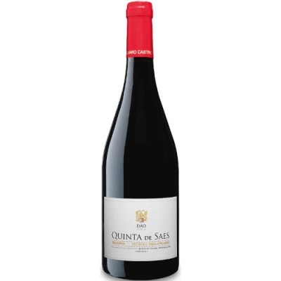 Garrafa de vinho tinto Quinta de Saes com selo vermelho e rótulo branco