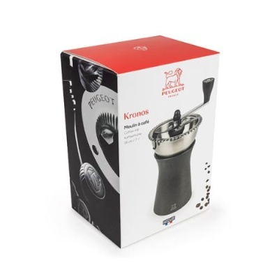 Embalagem do moinho de café Peugeot Kronos, preto com alumínio e manivela