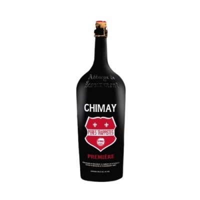 Garrafa preta de cerveja Chimay com rótulo vermelho e branco e tampa dourada