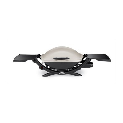 Churrasqueira elétrica cinzenta e preta com duas prateleiras laterais