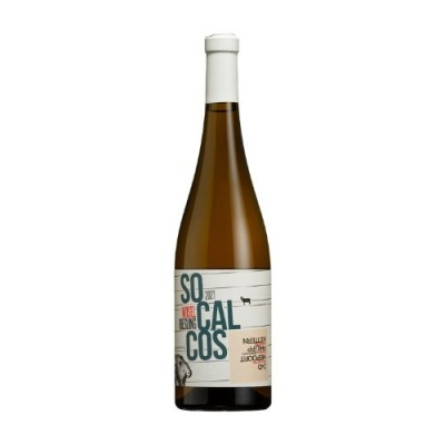 Garrafa de vinho branco com rótulo branco e texto SOCALCOS 2021