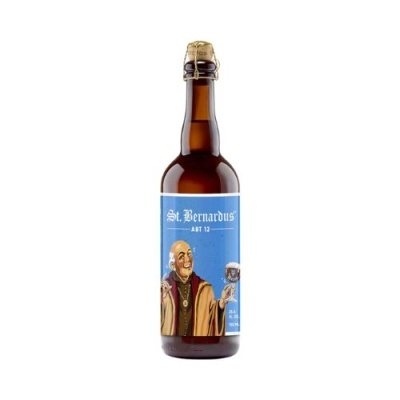 Garrafa de cerveja St. Bernardus Abt 12 com rótulo azul e imagem de monge