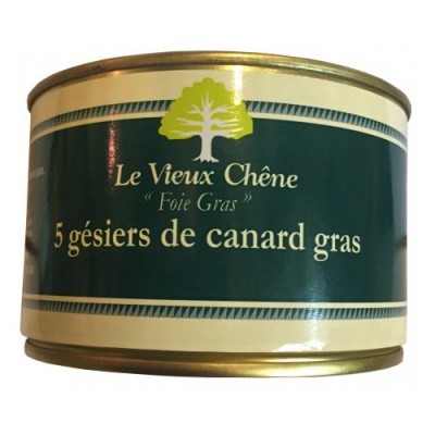 Lata de conserva de gésiers de canard gras com rótulo verde e texto em francês