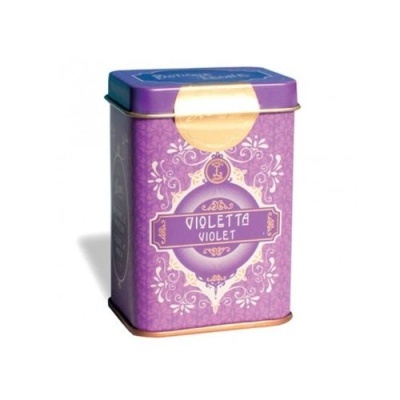 Lata metálica roxa com decoração floral e texto VIOLETTA VIOLET