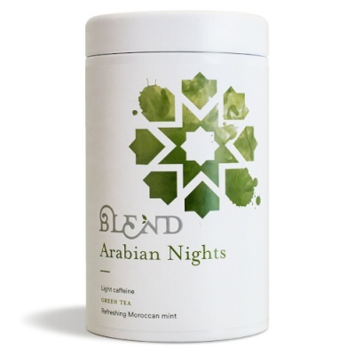 Tin white with green geometric pattern and text for Arabian Nights green tea