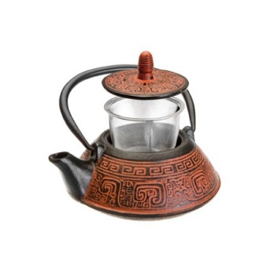 Chaleira de ferro fundido com padrão decorativo e infusor de vidro