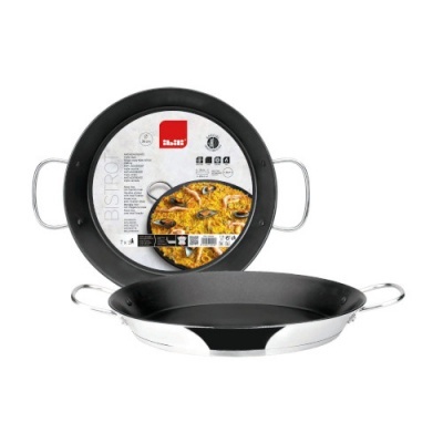 Paellera inox com interior antiaderente e pegas metálicas, com etiqueta redonda.