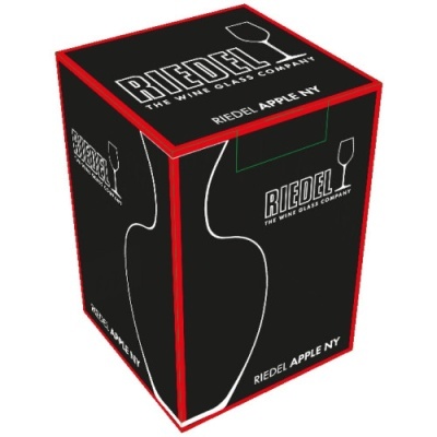 Caixa preta e vermelha da marca Riedel com contorno de decantador e textos da marca