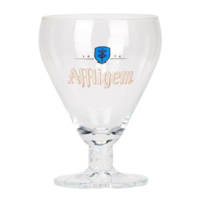 Copo de vidro transparente com texto Affligem e escudo azul