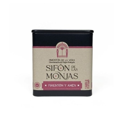 Lata metálica preta com rótulo bege e vermelho de pimentão