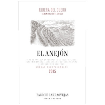 Rótulo de vinho Ribera del Duero El Anejón 2015 com desenho de vinhas