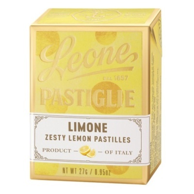 Embalagem amarela com pastilhas de limão Leone