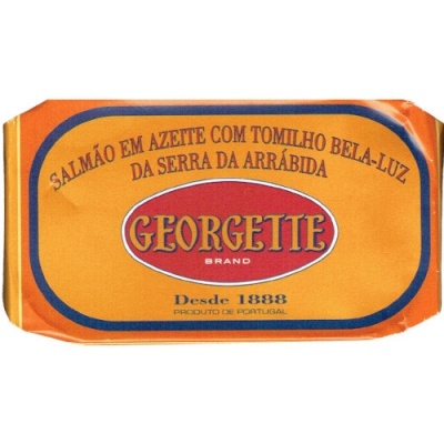 Lata de salmão em azeite Georgette, embalagem laranja com texto em português