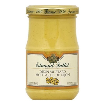 Frasco vidro mostarda Dijon Edmond Fallot com etiqueta branca e tampa amarela