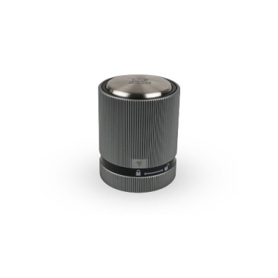 Misturador de café portátil metálico cinzento com topo em aço inox e símbolos de bloqueio.