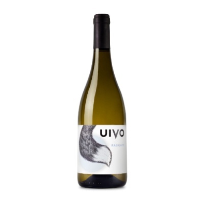 Garrafa de vinho branco UIVO Rabigato com rótulo e ilustração de cauda