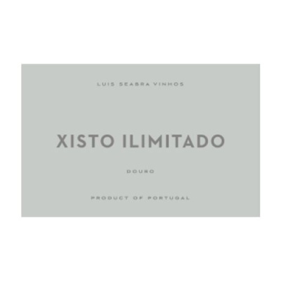 Etiqueta de vinho Xisto Ilimitado com texto cinzento em fundo cinzento claro.