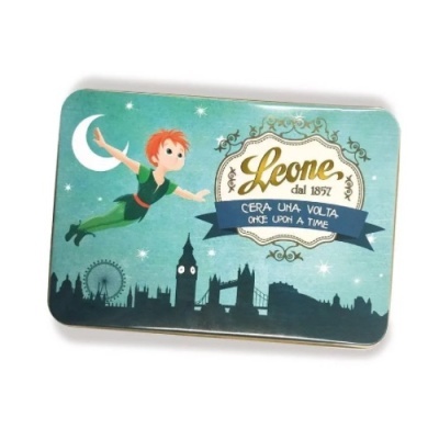 Caixa metálica decorativa com menino voando e texto Leone